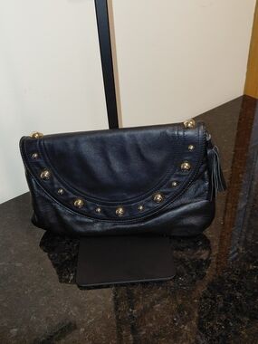 Goldenbleu Y2K Black Leather Clutch with Gold Stud Accents VGVC!